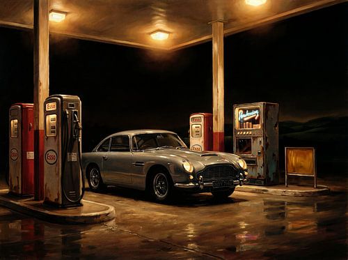 Aston Martin DB5 bij vintage tankstation