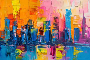 Levendige abstracte interpretatie van een stedelijke skyline van Art & Soul Creations