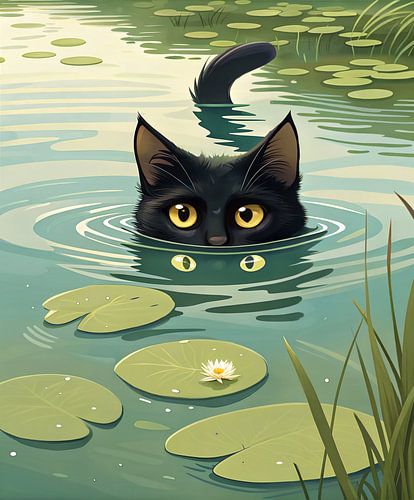 Funny black cat in the pond