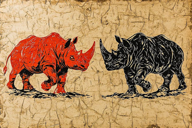 Rood zwarte neushoorn kunstwerk van Art & Soul Creations