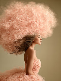 Rose Tulle Symphony - Extravagant Mode Portret in Zijprofiel met Poederroze Wolkenkroon