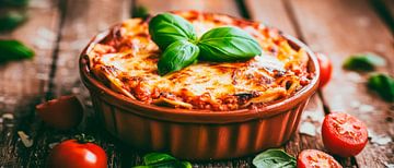 Colourful lasagne served on a wooden table by Poster Art Shop
