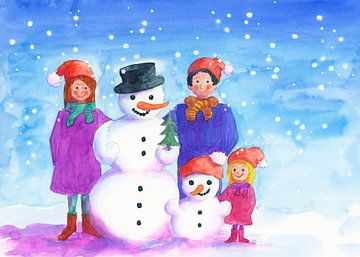 Familie met sneeuwpop van Karen Kaspar