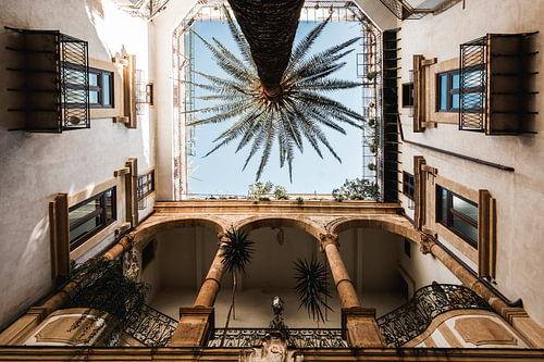 Siciliaanse Binnenplaats met Palm en Historische Bogen