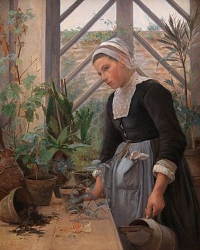 Bretonisches Mädchen, das sich um die Pflanzen im Gewächshaus kümmert, Anna Petersen