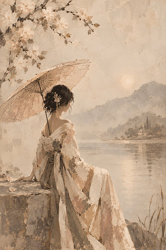Japandi landscape: woman with a parasol