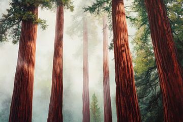 Redwood-bos in de mist van Poster Art Shop