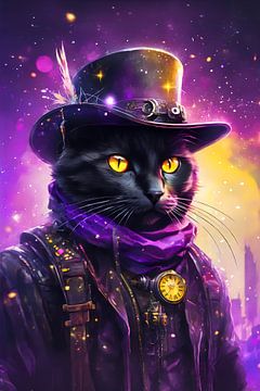 Steampunk Zwarte Kat Digital Art Aquarel Stijl