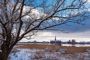 Blick über die Warnow auf die Hansestadt Rostock im Winter