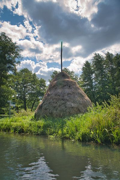 Traditionele hooiberg met houten paal in een landelijk zomerlandschap van Martin Köbsch