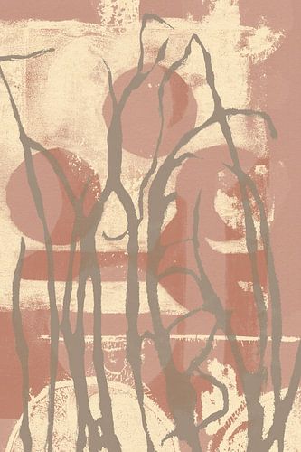 Gras in bruin op roze terra en geel. Abstracte botanische kunst.