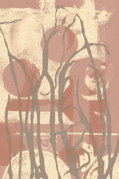 Grass in brown on pink terra and yellow. Abstract botanical art. by Dina Dankers