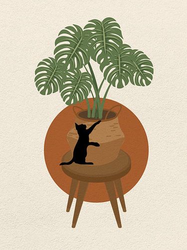 Minimal Art der schwarzen Katze spielen mit Zierpflanzen Blätter auf einem Topf