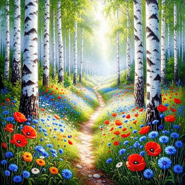 Bouleaux au bord du chemin – Scène forestière paisible sur AidasignArt