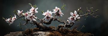 Bonsai met witte bloei op kromme stam stilleven panorama van Digitale Schilderijen