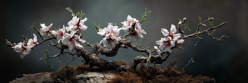 Bonsai with white bloom on crooked trunk still life panorama by Digitale Schilderijen
