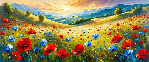 Panorama de paysage Couleurs du crépuscule : bleuets, coquelicots et le doux paysage du soir dans l'éclat du soleil couchant