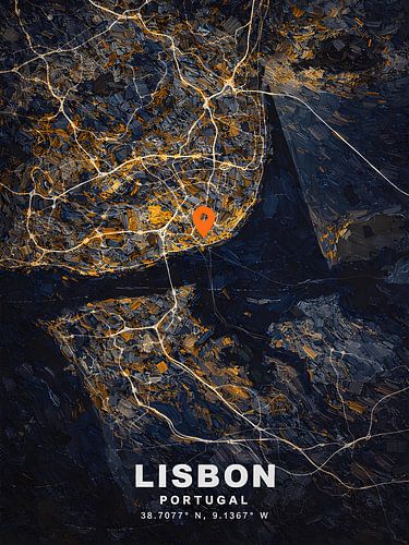 Lebendige Nachtansicht von Lissabon, Portugal – Karte im Impasto-Stil – Moderne Wanddekoration zum Thema Reisen