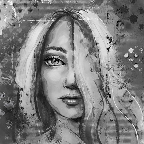 Portret tekening in zwart wit en grijs van een vrouw