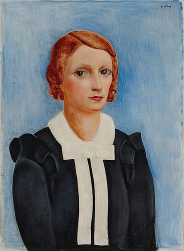 Moïse Kisling - Portret van een vrouw tegen een blauwe achtergrond (1930)