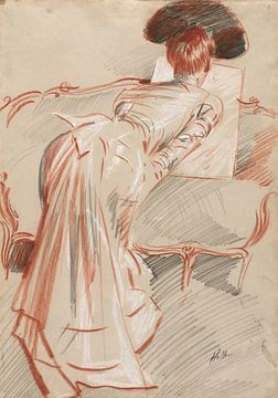 Paul César Helleu - Vrouw (mogelijk Madame Alice Helleu) kijkt naar een tekening (ca. 1895) van Peter Balan