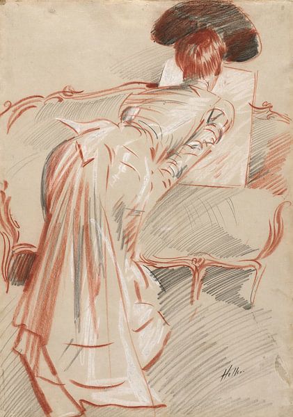 Paul César Helleu - Frau (möglicherweise Madame Alice Helleu) beim Betrachten einer Zeichnung (ca. 1895) von Peter Balan