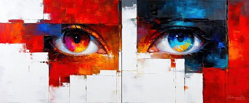 Contact visuel abstrait - Entre chaleur et froideur : deux yeux en dialogue de couleurs - un jeu de rouge et de bleu, de proximité et de distance, d'inachèvement et de présence