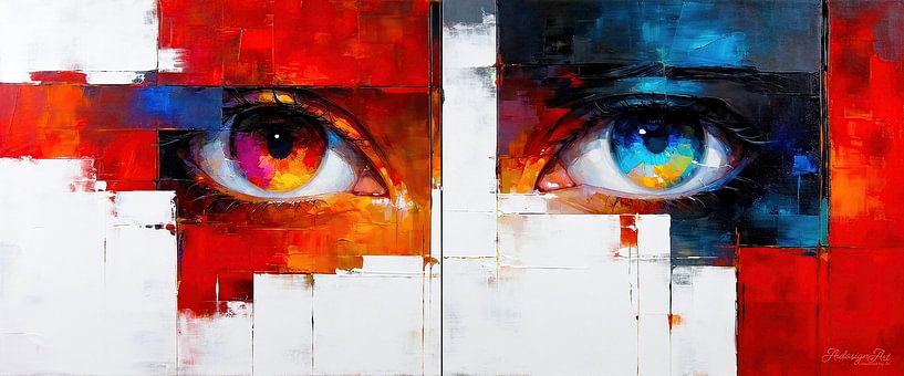 Abstract eye contact - between warmth and coldness: two eyes in a dialogue of colours - an interplay of red and blue, closeness and distance, incompleteness and presence by AidasignArt