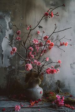 Stilleven van verlaten roze bloemen in een industrieele omgeving van Digitale Schilderijen
