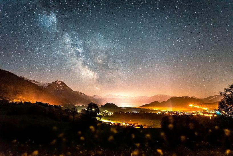 Milky Way and starry sky in Oberallgäu with view of the Rubihorn, castle church St. Michael and O by Leo Schindzielorz