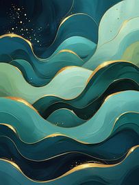 Regal Teal and Emerald Waves with Gilded Accents: An Abstract Ocean Dream by Artistic