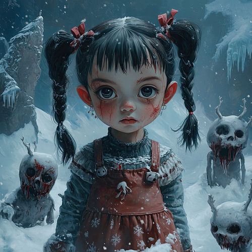 Duister meisje in de sneeuw horror kerst