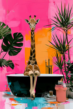 Giraffe in der Badewanne, tropisches Badezimmer in Rosa