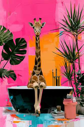 Giraffe in Bathtub, Tropical Bathroom Pink