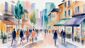 Panorama urbain peint à l'aquarelle, plein de vie, représentant des passants faisant leurs courses et l'architecture urbaine
