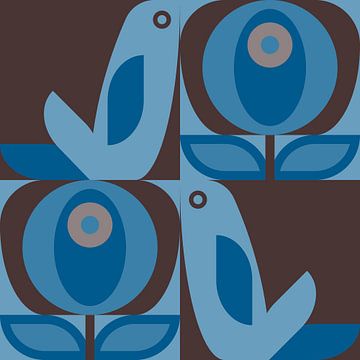 Scandinavian retro. Birds and leaves in taupe and blue by Dina Dankers