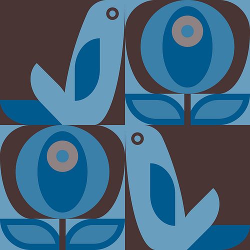 Scandinavisch retro. Vogels en bladeren in taupe en blauw