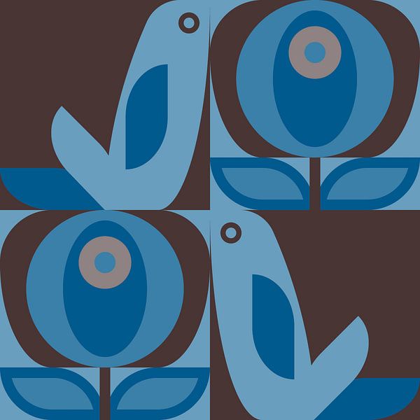 Scandinavian retro. Birds and leaves in taupe and blue by Dina Dankers