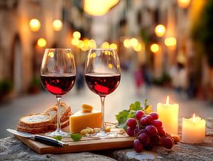 Romantisches Stilleben mit Wein, Käse und Baguette