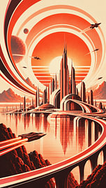 Retro Futuristic Space City With Flying Vehicles And Neon Cosmic Architecture by Alfonz