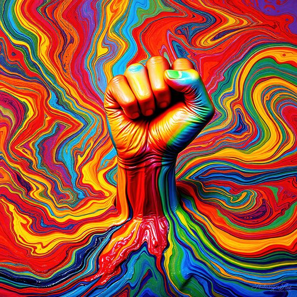 Rainbow and clenched fist - Between a sea of colour and resistance: The flow of energy and the power of connectedness by AidasignArt
