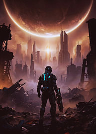Ein gepanzerter Soldat mit leuchtend cyanfarbenen Lichtern steht inmitten einer zerstörten futuristischen Stadt unter einem riesigen, von einer Sonnenfinsternis verdunkelten Planeten