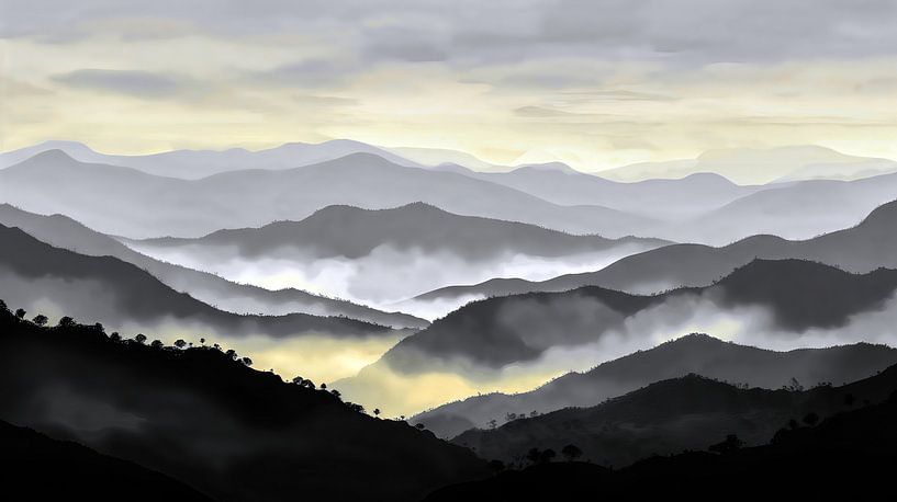 Digital mountain landscape in the fog at sunset by Frank Heinz