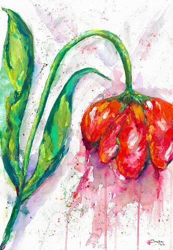 Red tulip. Oil pastel hand-painted.