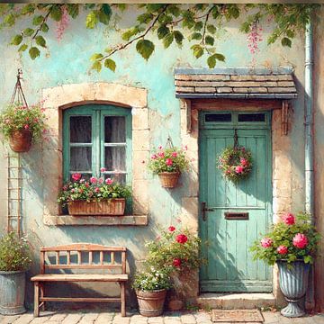 French village garden with turquoise door by Marijke Trienekens
