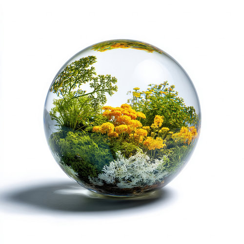 Gele bloemen en groen mos in glazen bol