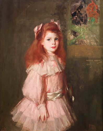 Vintage olieverfschilderij op doek. "Meisje in roze" in warme aardetinten.