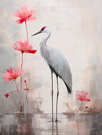 Japandi, Crane among Lotus flowers by Caroline Guerain