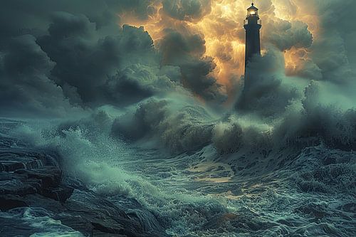 Mer du Nord Scène dramatique avec phare et nuages orageux