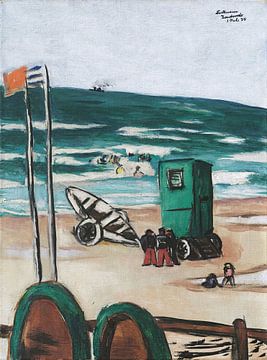 Max Beckmann - Bathers with green cabins and sailors with red trousers (1934) by Peter Balan